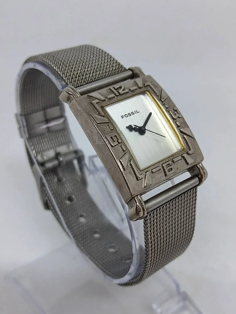 VINTAGE 2000s Fossil f2 EC-8799 Women's 24mm x 36mm Silver Tone Mesh Band Watch
